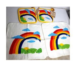 Vintage The Kitchen Shoppe R A Briggs Rainbow Potholders And Towels Set of 4